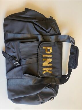 PINK Black Nylon Duffel with Yellow Sequin Logo